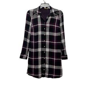 TRUE CRAFT Purple Plaid Beaded Shirtdress Shacket Shirt Flannel SM